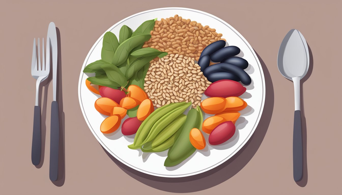 A colorful plate of scarlet runner beans, vegetables, and whole grains arranged in a balanced meal