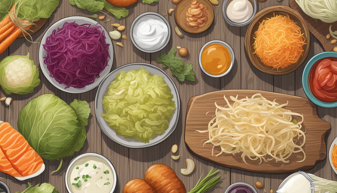 A variety of fermented foods arranged on a wooden table, including sauerkraut, kimchi, kombucha, and yogurt