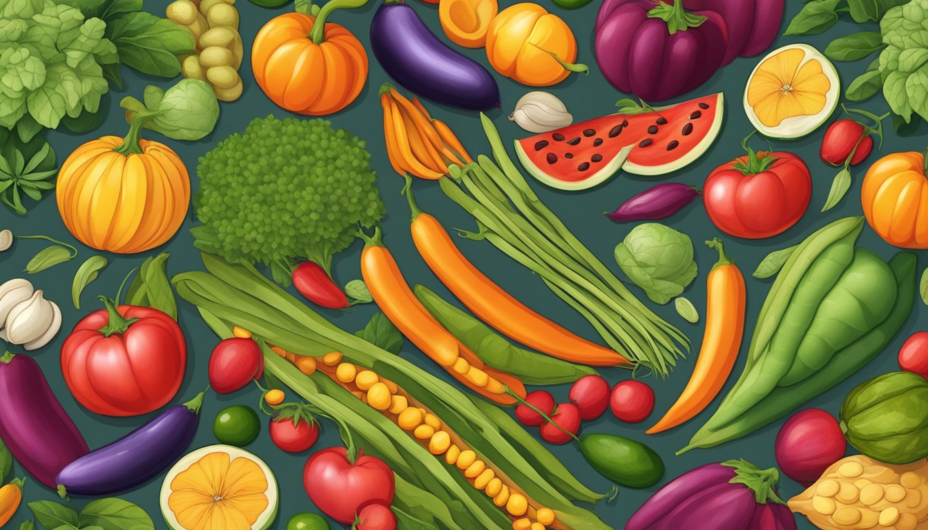 A colorful illustration of a variety of legumes, including scarlet runner beans, surrounded by vibrant fruits and vegetables, symbolizing the role of legumes in holistic health