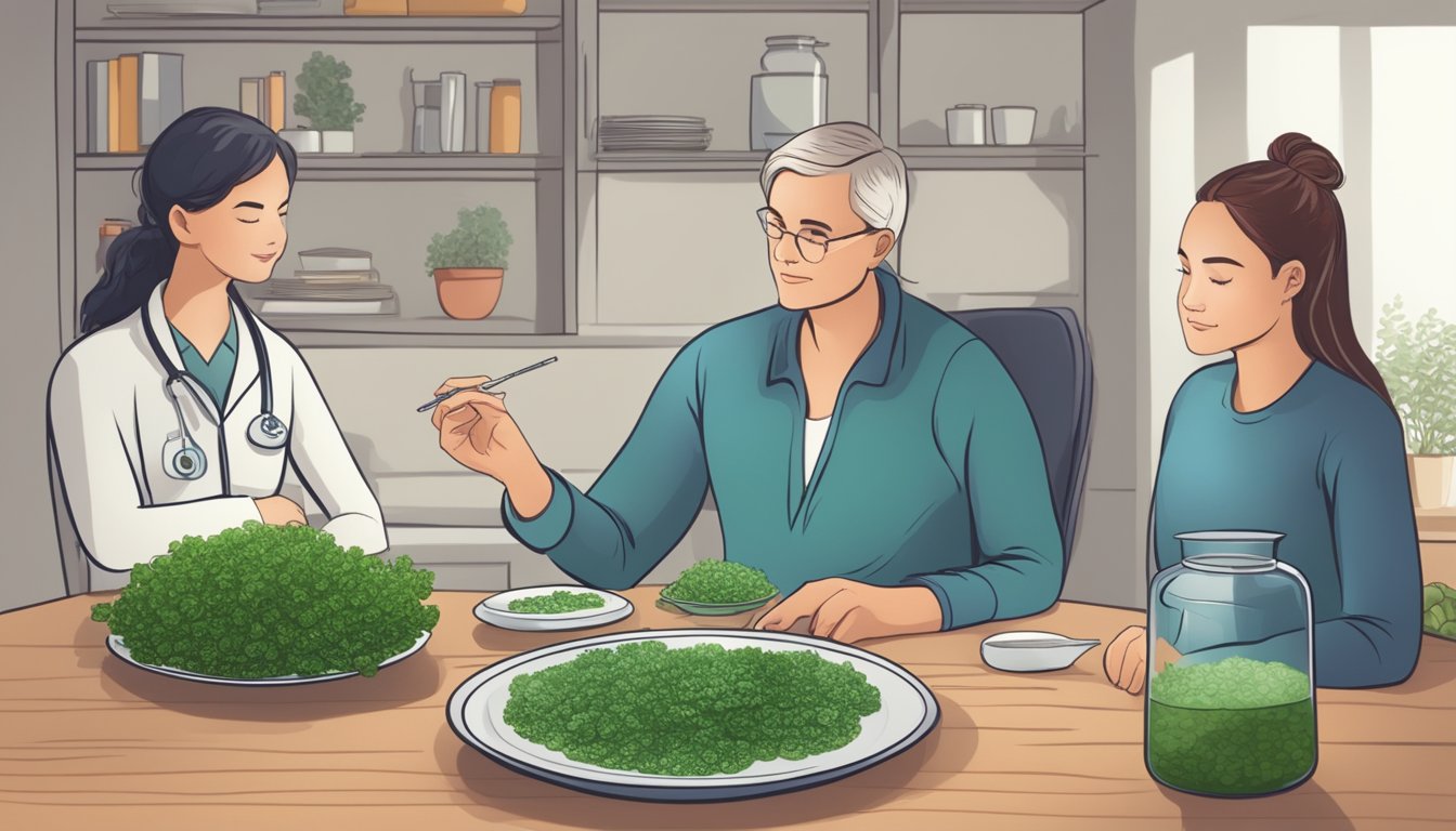 A diabetic person sitting at a table with a plate of sea lettuce and a nutritionist explaining its potential impact on blood sugar levels