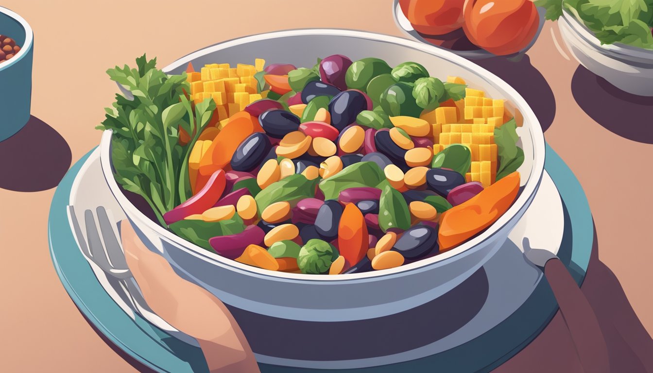 A diabetic person happily eating a bowl of cooked scarlet runner beans with a variety of colorful vegetables on the side