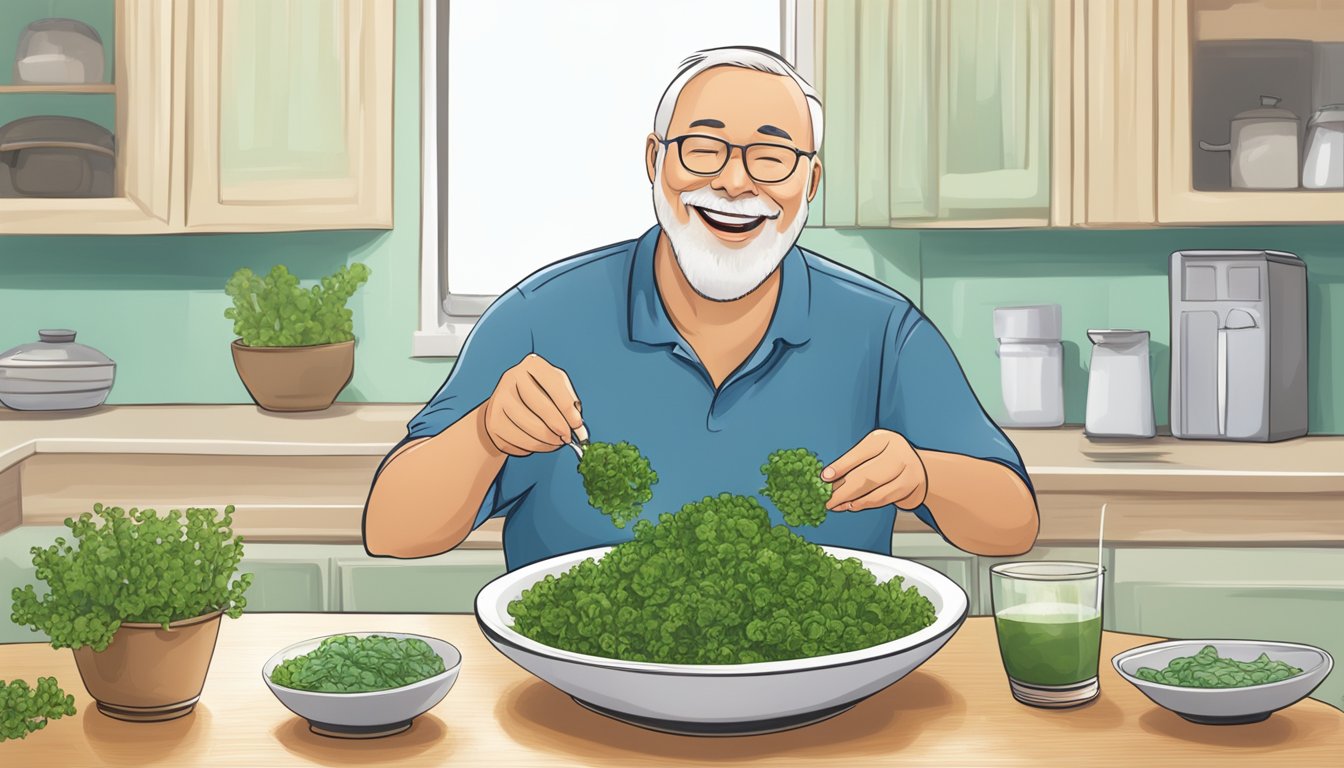 A diabetic person happily eating a bowl of sea lettuce salad