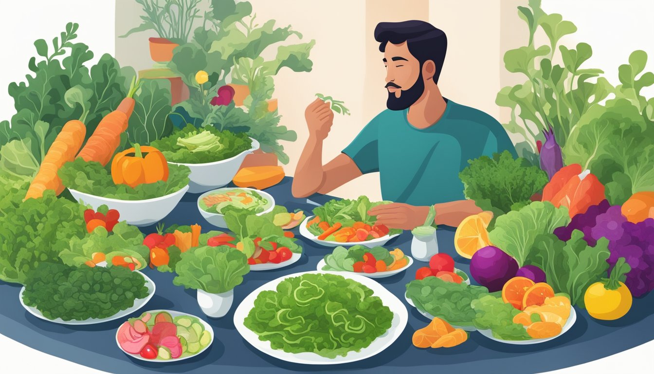 A diabetic person enjoying a meal of sea lettuce and other non-starchy vegetables, surrounded by colorful and vibrant produce