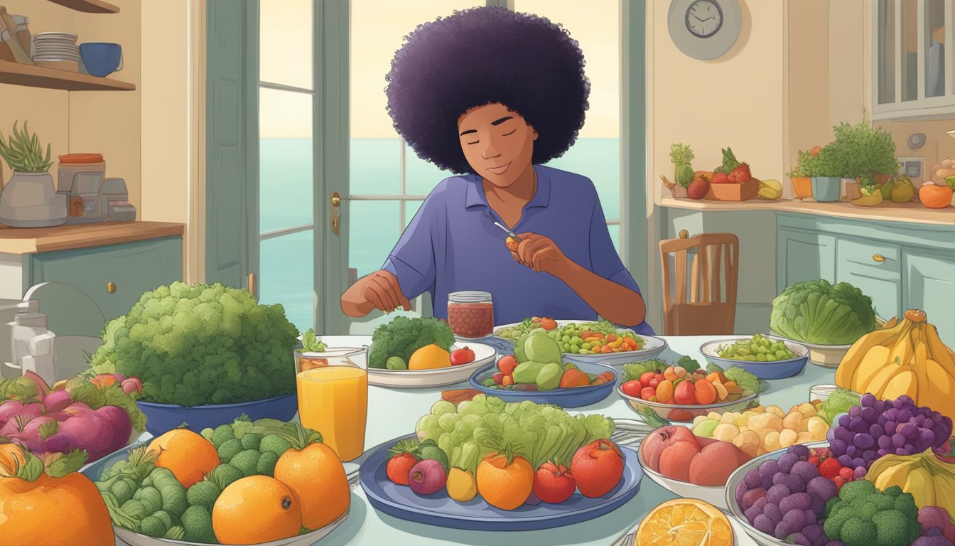 A person with diabetes sits at a dining table, surrounded by various food items. A sea anemone is placed next to a plate of fruits and vegetables