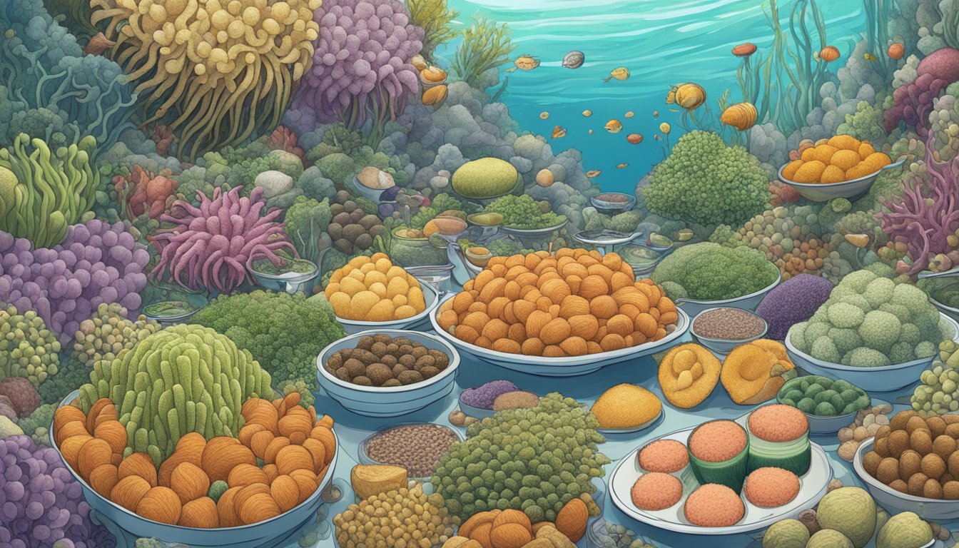 A sea anemone surrounded by various nutrient-rich foods, with a diabetic person looking at it with curiosity