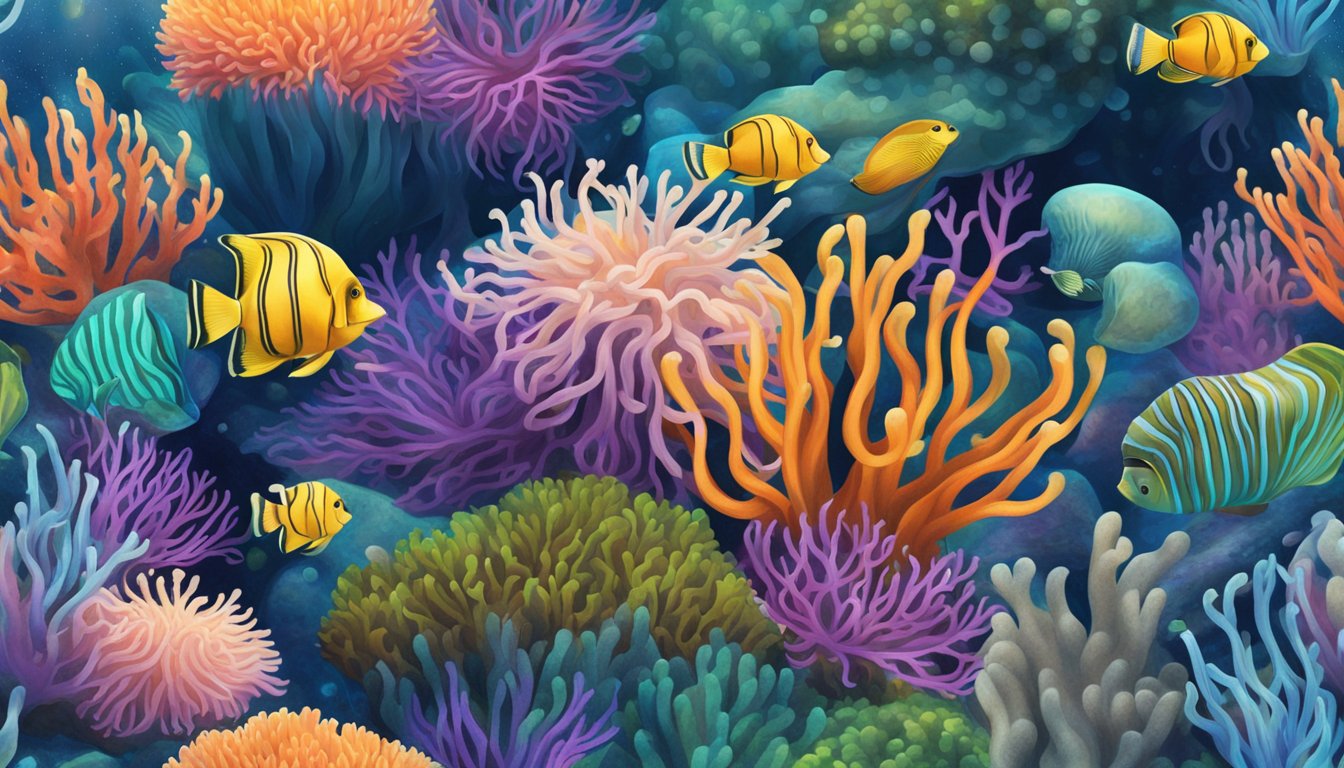 A sea anemone surrounded by diverse marine life in a vibrant coral reef ecosystem