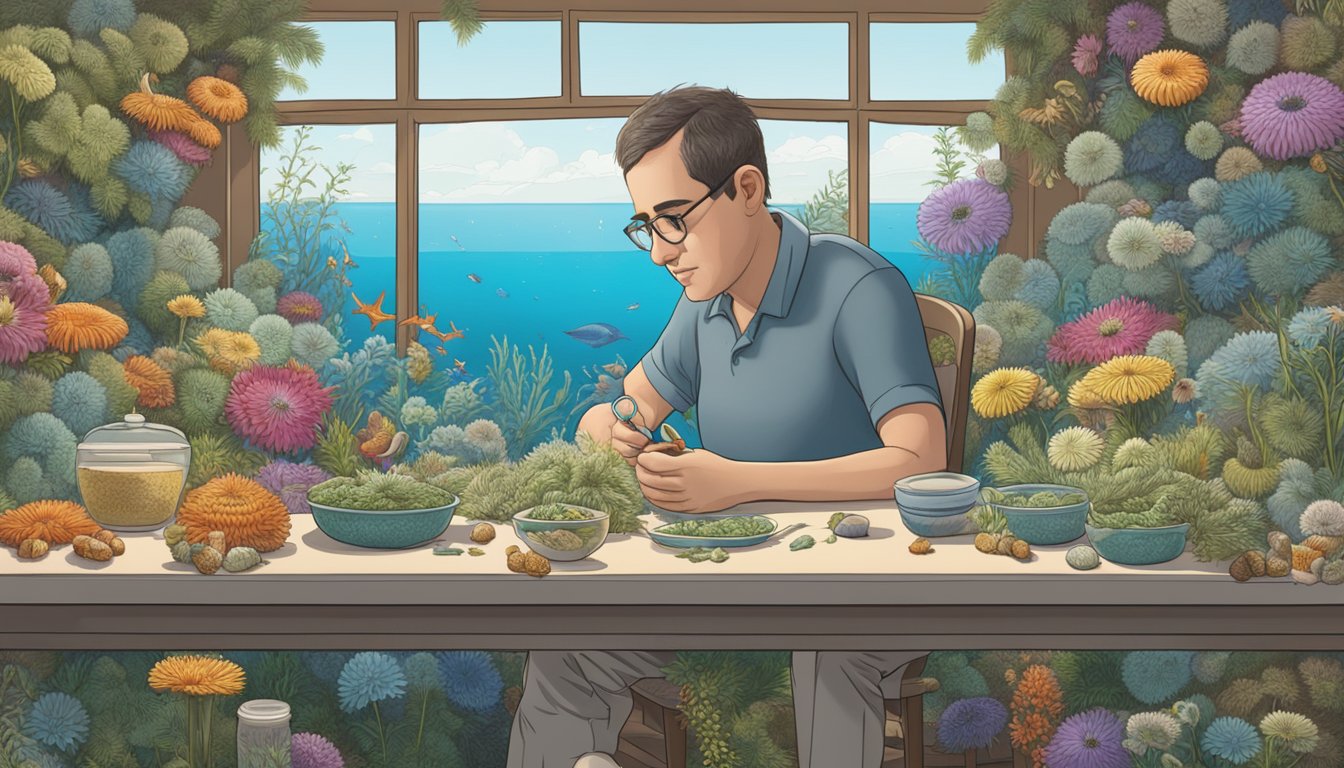 A diabetic sits at a table surrounded by sea anemones, incorporating them into their diet