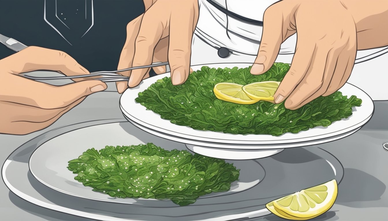 A chef prepares and serves sea lettuce on a white plate with a garnish of lemon slices and a sprinkle of sesame seeds