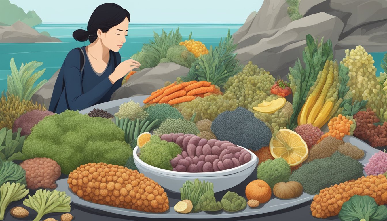 A sea cucumber surrounded by various nutrient-rich foods, with a diabetic person looking at it with curiosity