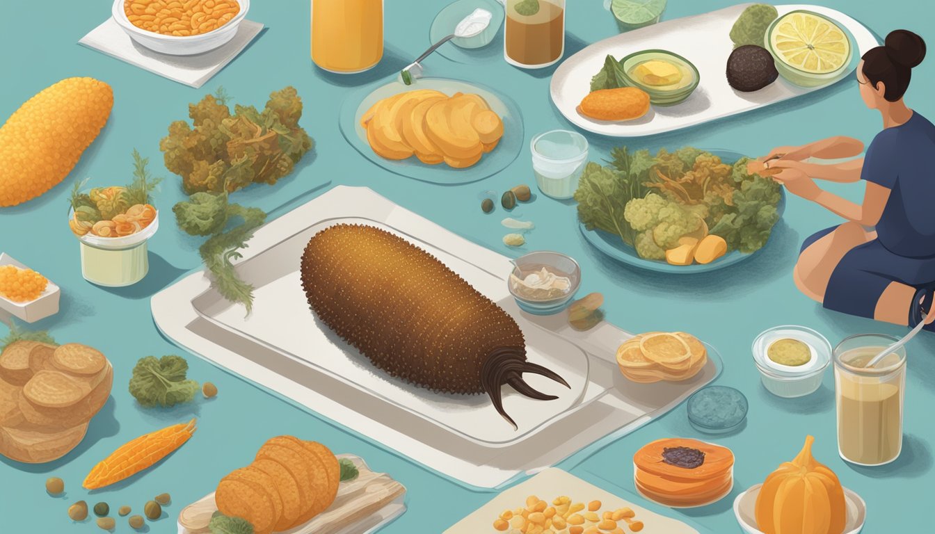 A sea cucumber surrounded by various types of food, with a nutrition label and a diabetic person looking at it