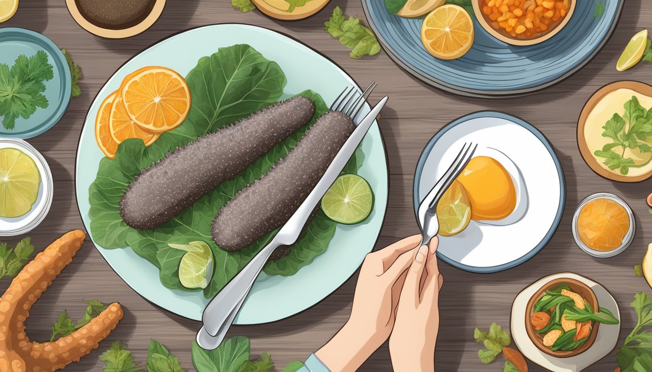 Sea cucumbers and diabetes-friendly foods arranged on a plate, with a person's hand holding a fork ready to eat