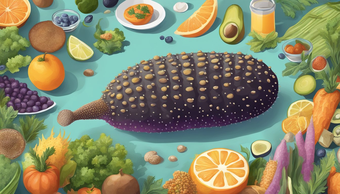 A sea cucumber surrounded by various healthy foods and a medical symbol, with a diabetic person looking at it with curiosity and interest