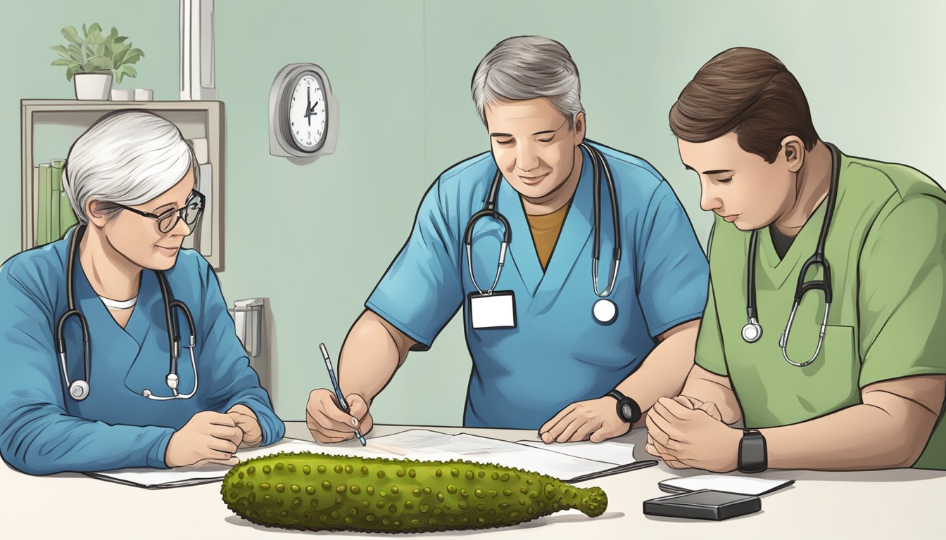 A diabetic person sitting with a group of health professionals, discussing and examining a sea cucumber