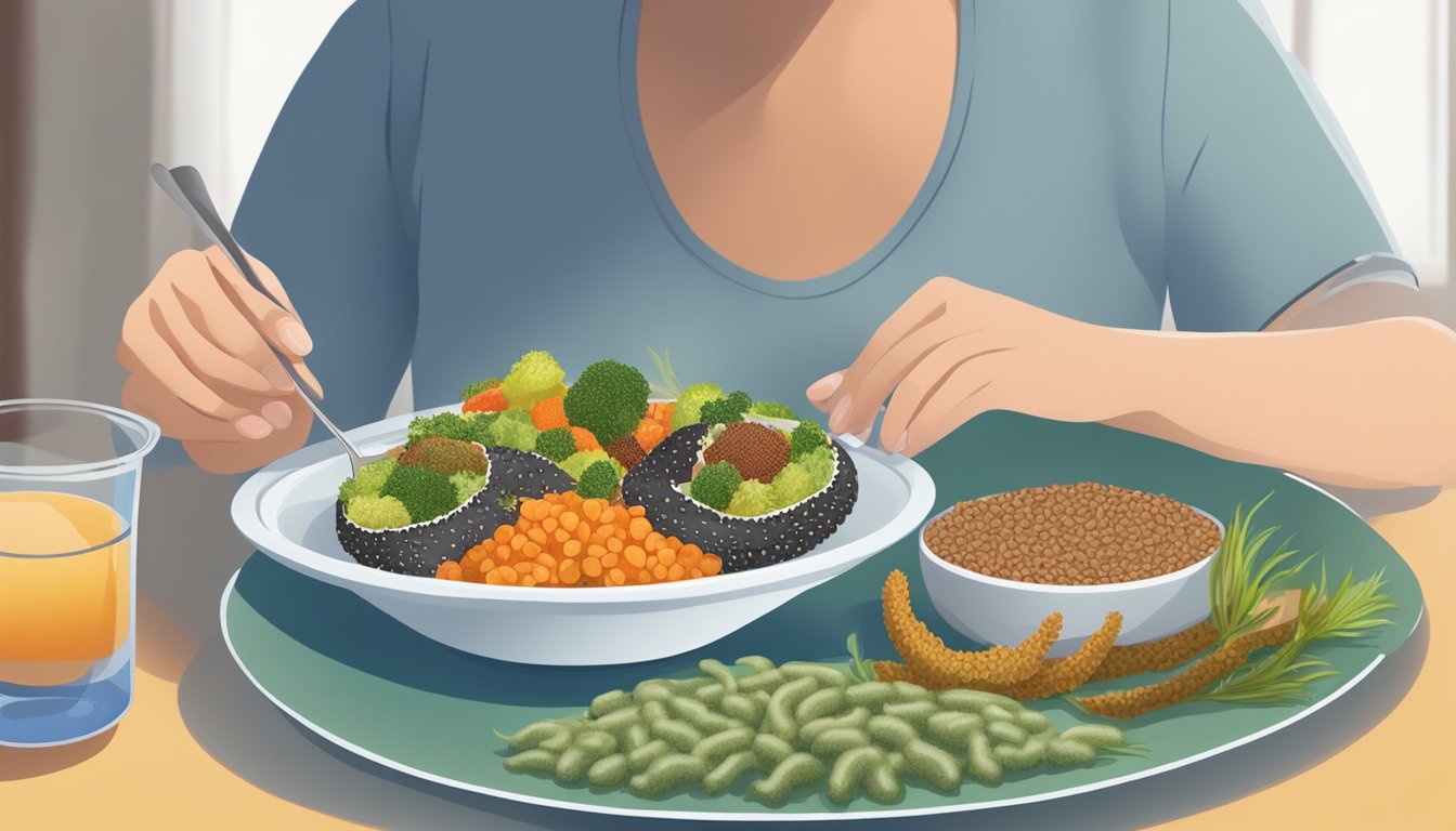 A person with diabetes enjoying a colorful plate of sea cucumbers, vegetables, and whole grains, with a glass of water on the side