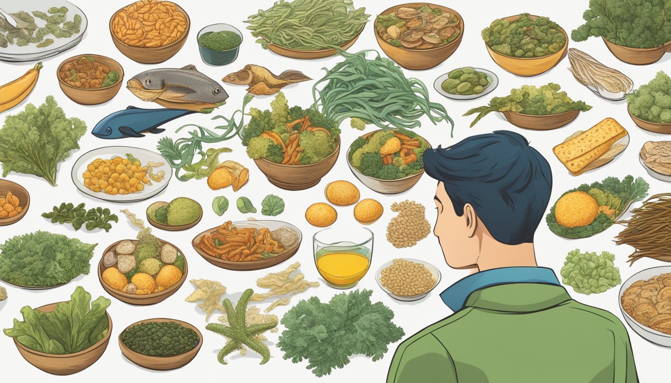 A diabetic person looking at a variety of foods, including sea kelp, with question marks above their head