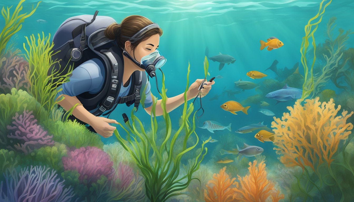 A diabetic person observing sea grass underwater, surrounded by marine life