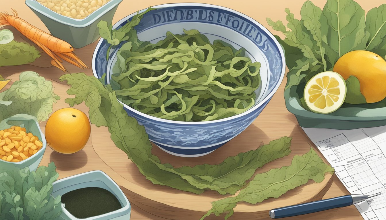 A bowl of sea kelp surrounded by various diabetes-friendly foods, with a nutritional chart in the background