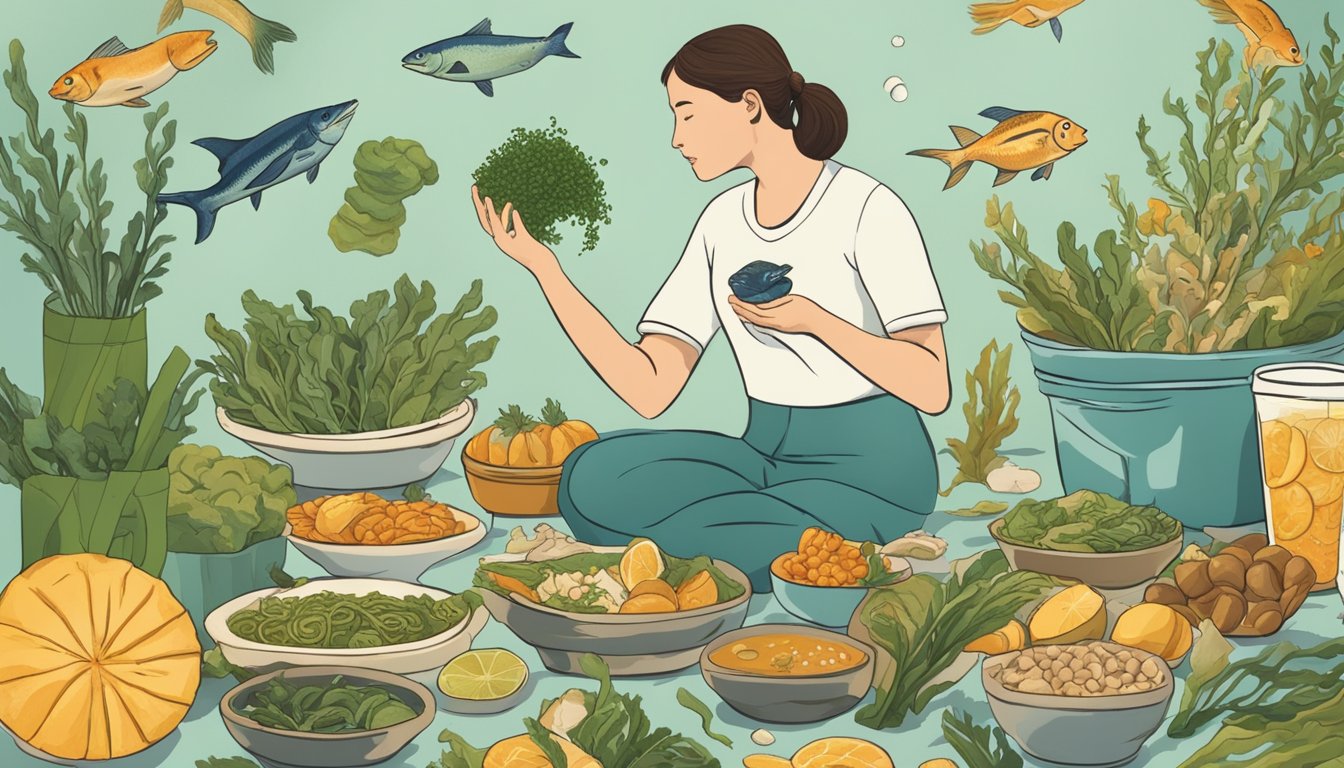 A diabetic person holding sea kelp while surrounded by various food items, with a question mark hovering above their head