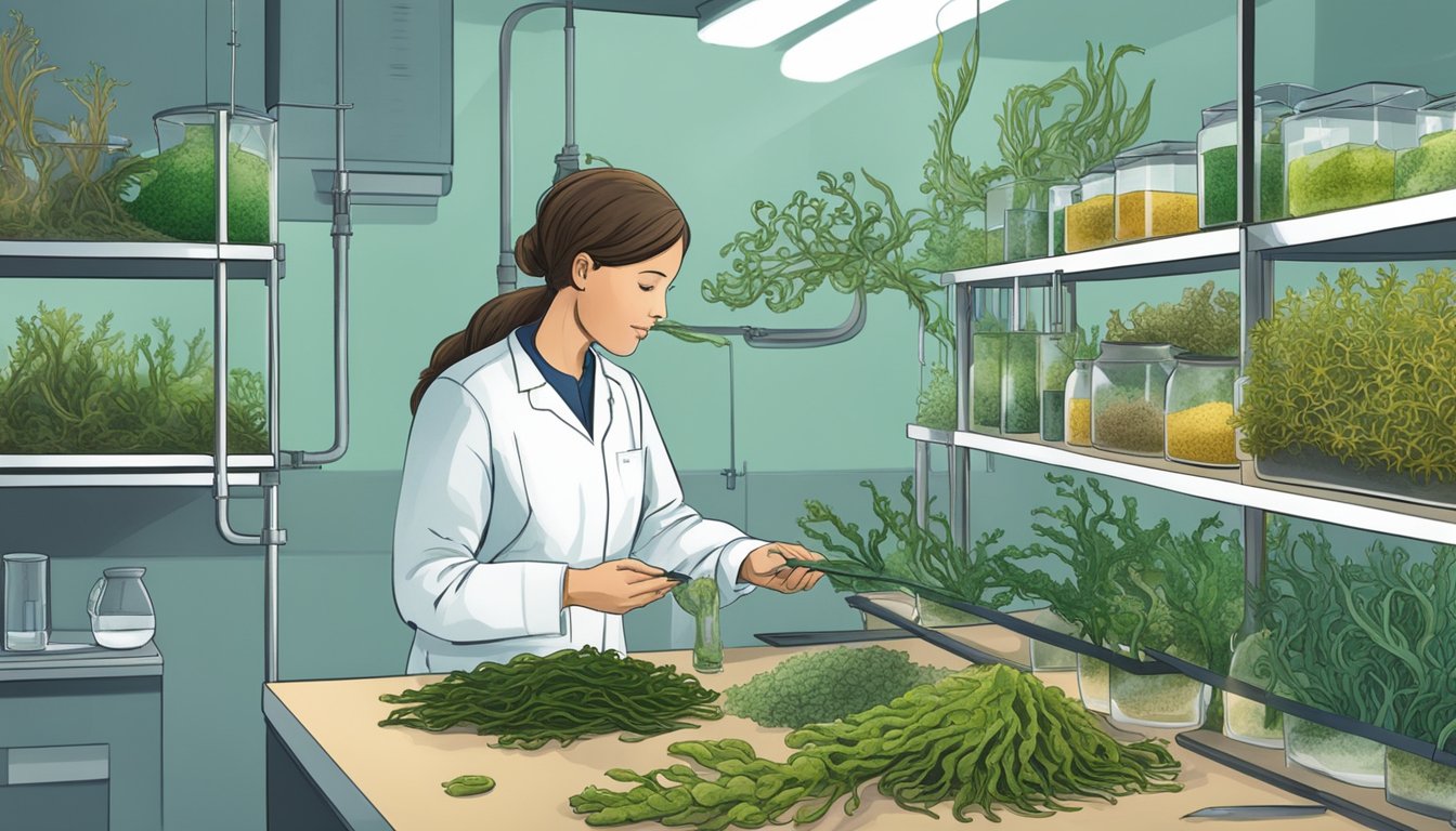 A dietician comparing sea kelp with other seaweeds in a laboratory setting