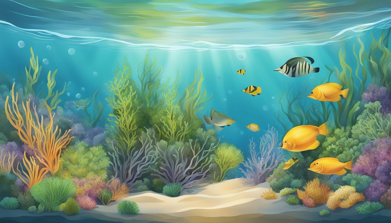 A colorful underwater scene with various types of seaweed and sea grass, along with nutritional information displayed in a clear and visually appealing manner