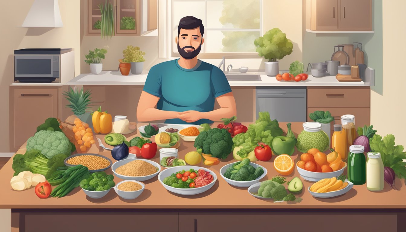 A diabetic person sitting at a table, surrounded by a variety of healthy foods such as lean proteins, vegetables, fruits, and whole grains