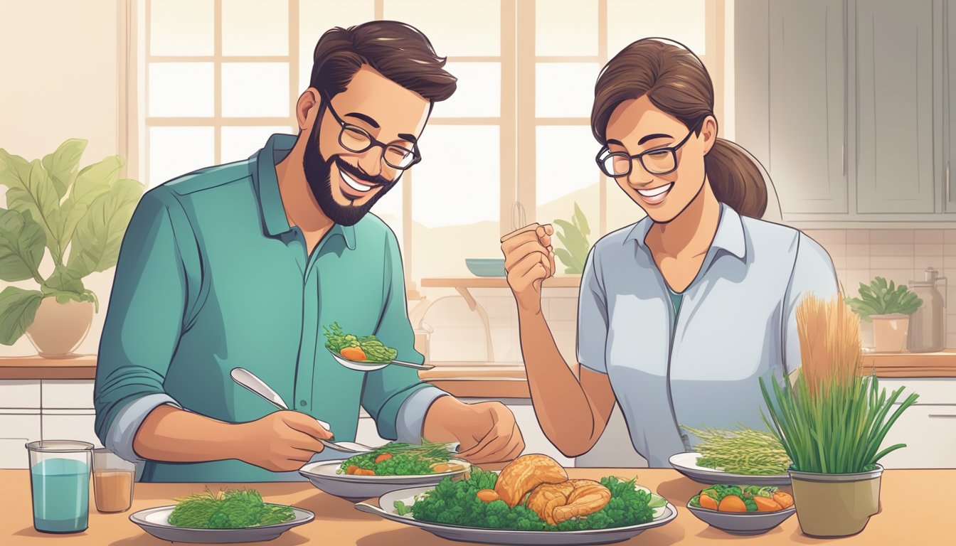 A diabetic person happily enjoying a plate of nutrient-rich sea grass alongside a balanced meal, with a nutritionist providing guidance