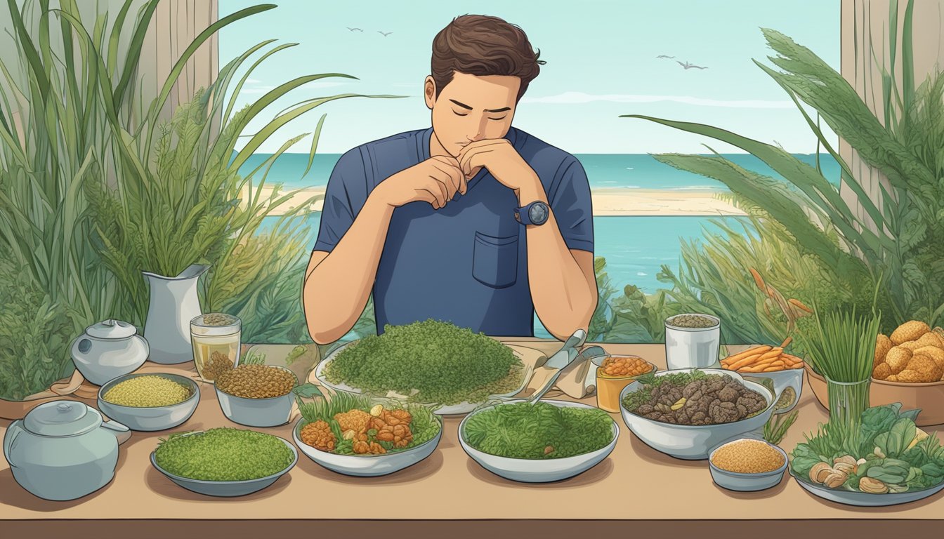 A diabetic person sitting at a table, surrounded by various types of sea grass and other foods, pondering and considering their dietary choices