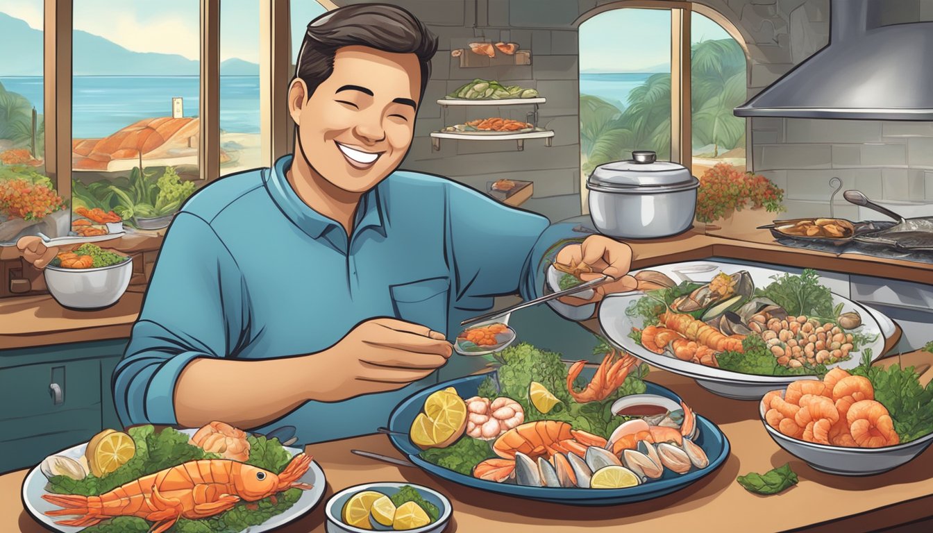 A diabetic person happily enjoying a variety of seafood, including fish, shrimp, and scallops, while avoiding sea sponges