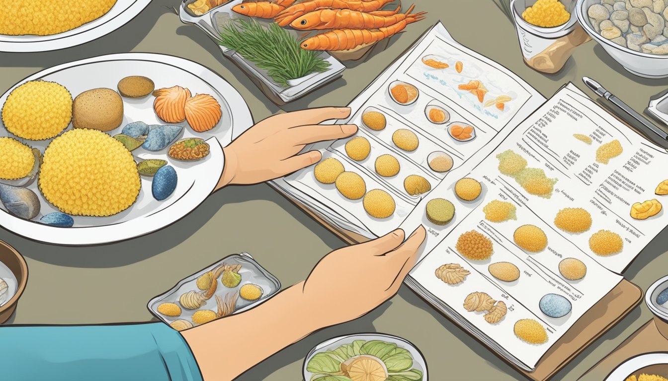 A diabetic person carefully examines a variety of seafood, including sea sponges, while consulting a nutritional profile chart