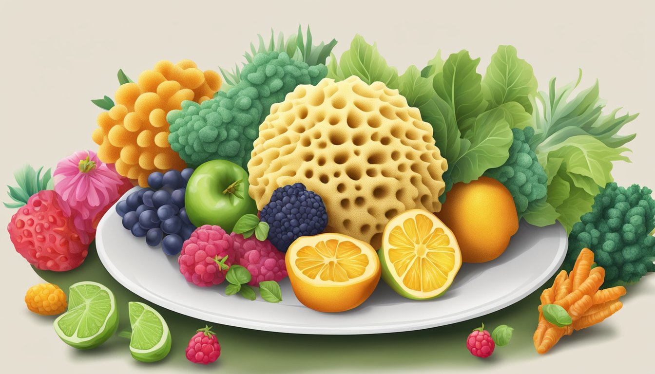 A sea sponge resting on a clean white plate, surrounded by colorful and vibrant fruits and vegetables