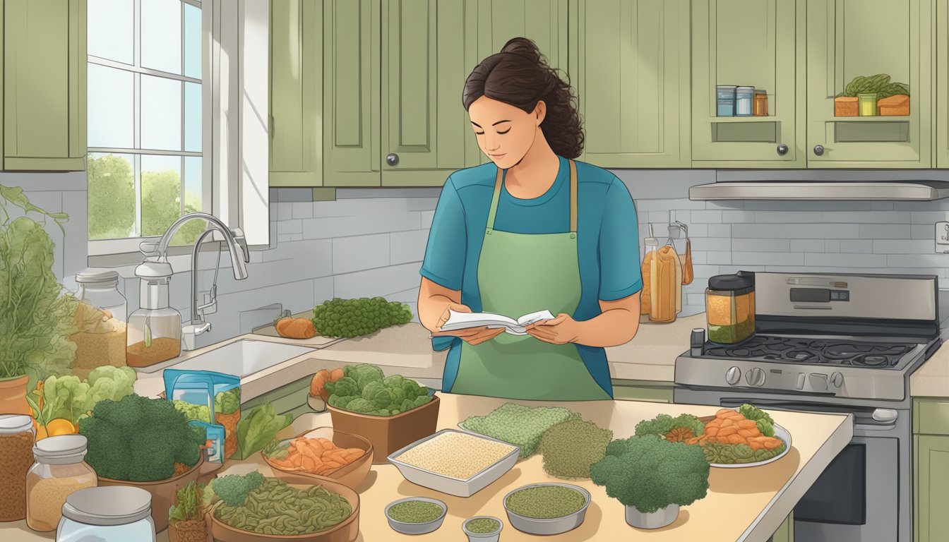 A person with diabetes standing in a kitchen, surrounded by various food items including sea moss, while reading a nutrition label and consulting a dietary guide