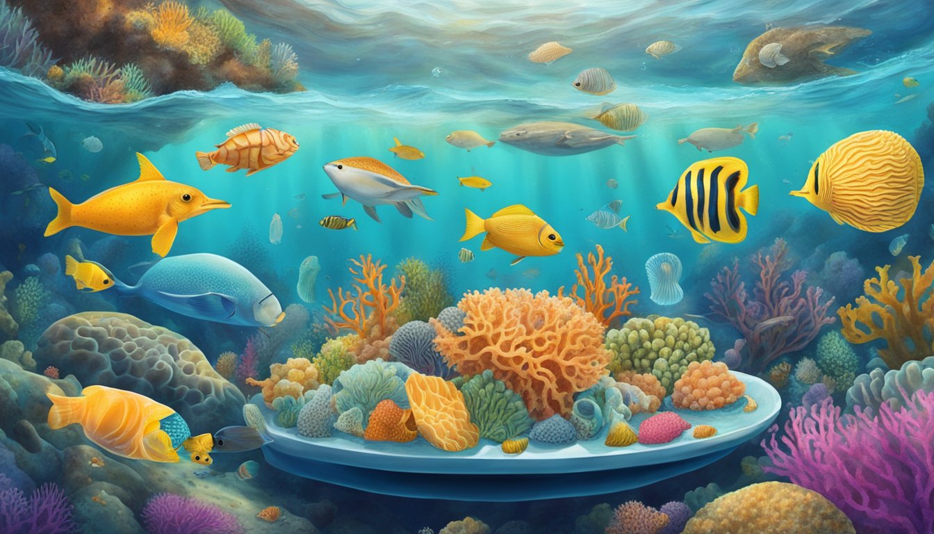 A colorful underwater scene with various sea creatures, including sea sponges, and a diabetic person enjoying a meal without fish