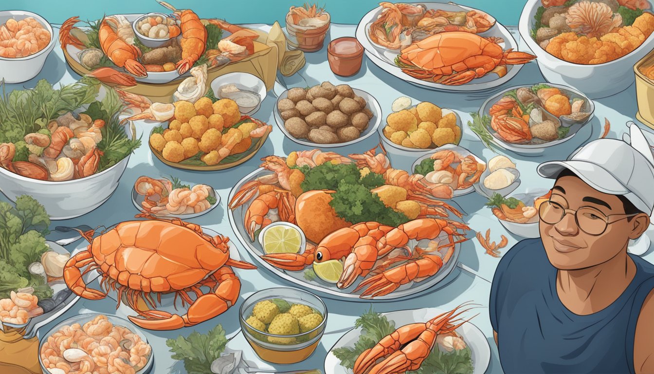 A diabetic person enjoying a variety of seafood options, including fish, shrimp, and crab, while avoiding sea sponges