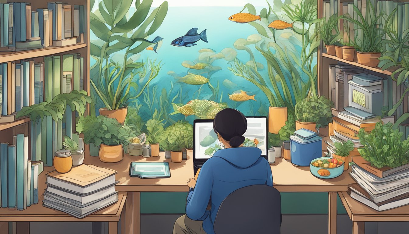 A diabetic person researching sea lilies and nutrition, surrounded by books, a laptop, and healthy food options