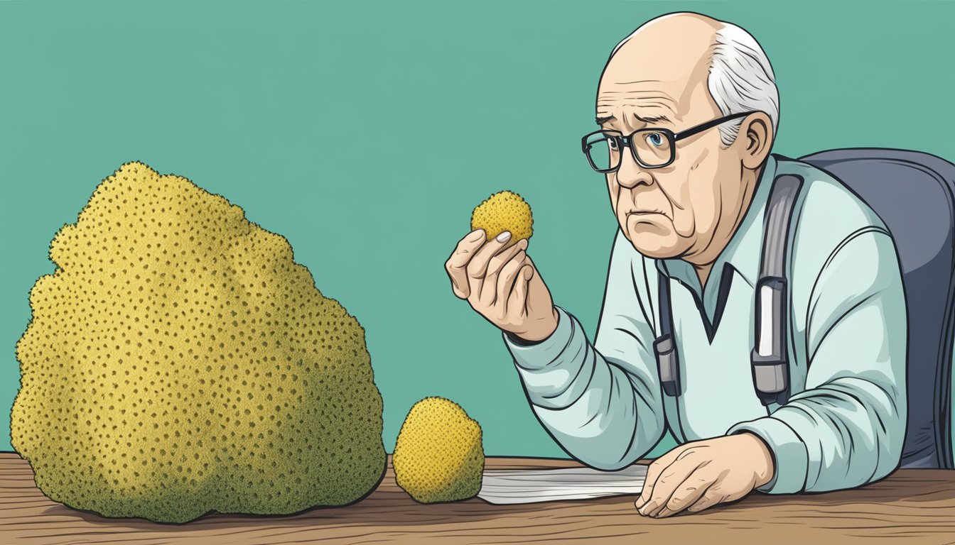 A diabetic person cautiously examining a sea sponge with a concerned expression