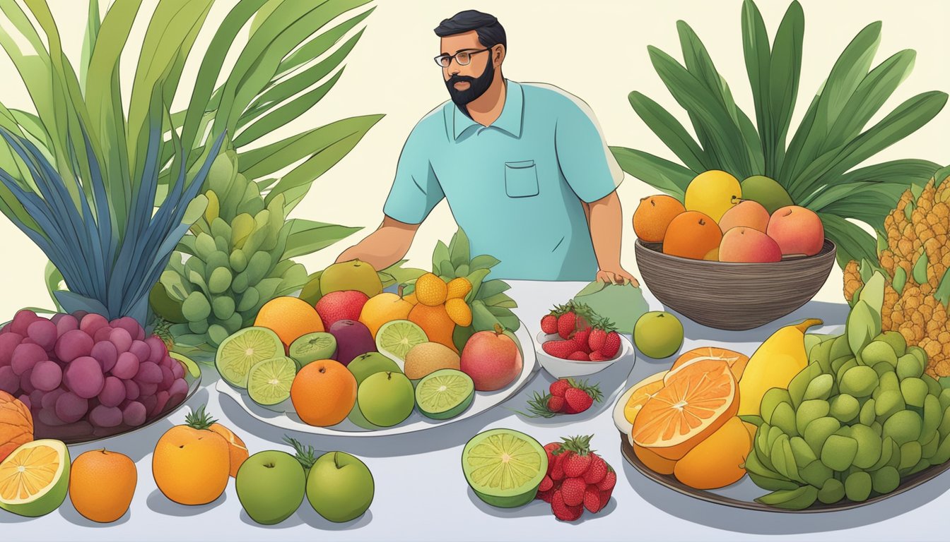 A diabetic person surrounded by a variety of colorful fruits, with a plate of sea lilies as the focal point