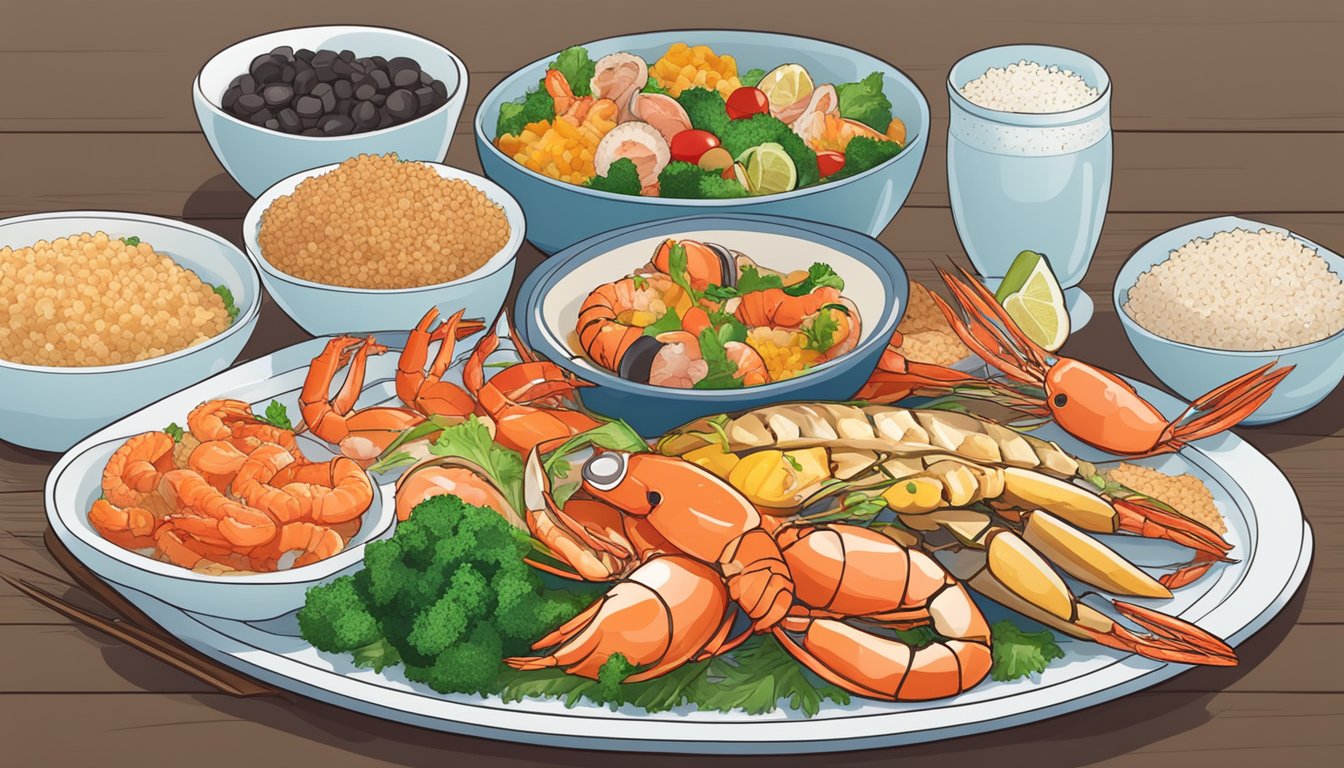 A plate of seafood dishes, including fish, shrimp, and crab, arranged with colorful vegetables and a side of whole grain rice