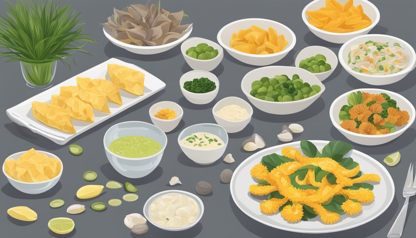 A table set with a variety of portioned foods, including sea lilies, next to a measuring cup and a plate with a balanced meal