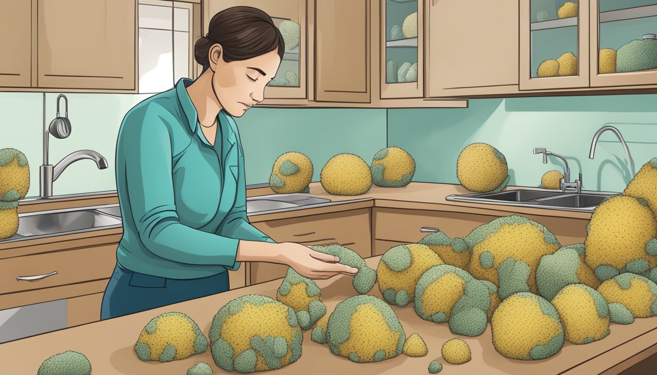 A diabetic person examining a variety of sea sponges on a kitchen counter