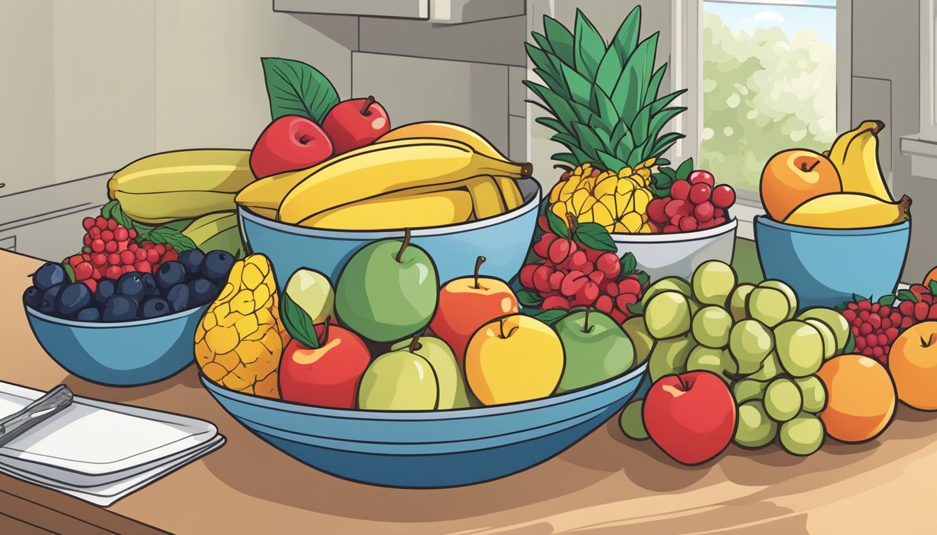 A bowl of colorful fruits, including apples, bananas, and berries, arranged on a kitchen counter next to a diabetes-friendly meal plan