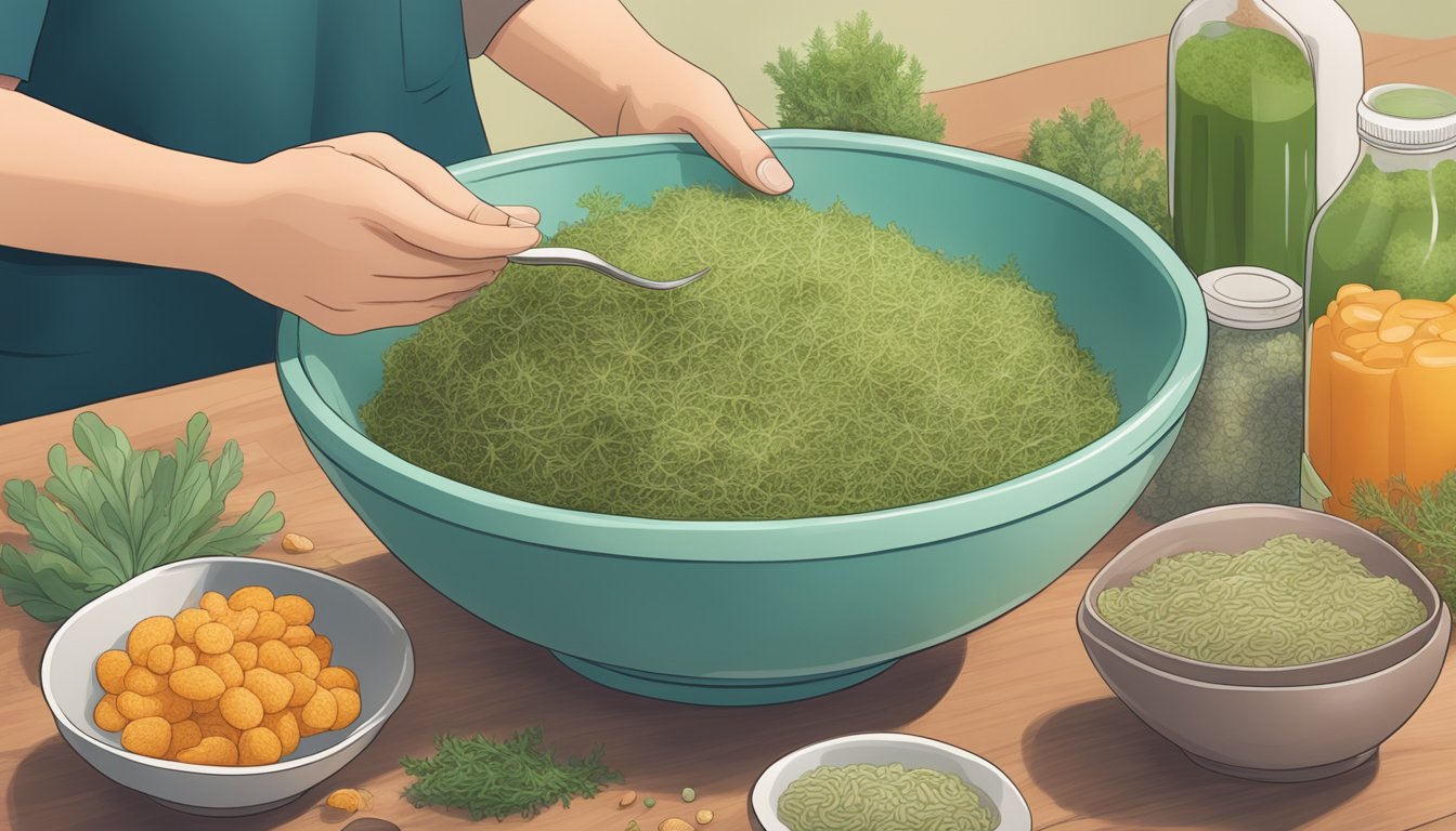 A diabetic person carefully examining a bowl of sea moss, surrounded by various food items and a nutritionist's guide