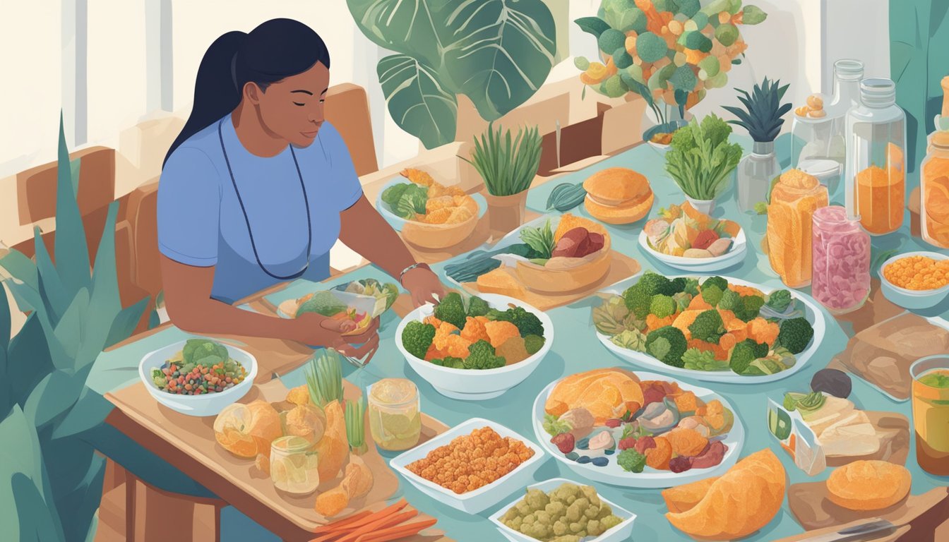 A person with diabetes surrounded by various food items, including sea stars, while consulting a nutritionist