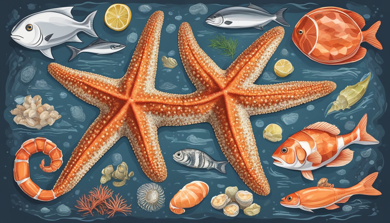 A sea star surrounded by various types of seafood and a nutrition label, with a red "X" over the sea star