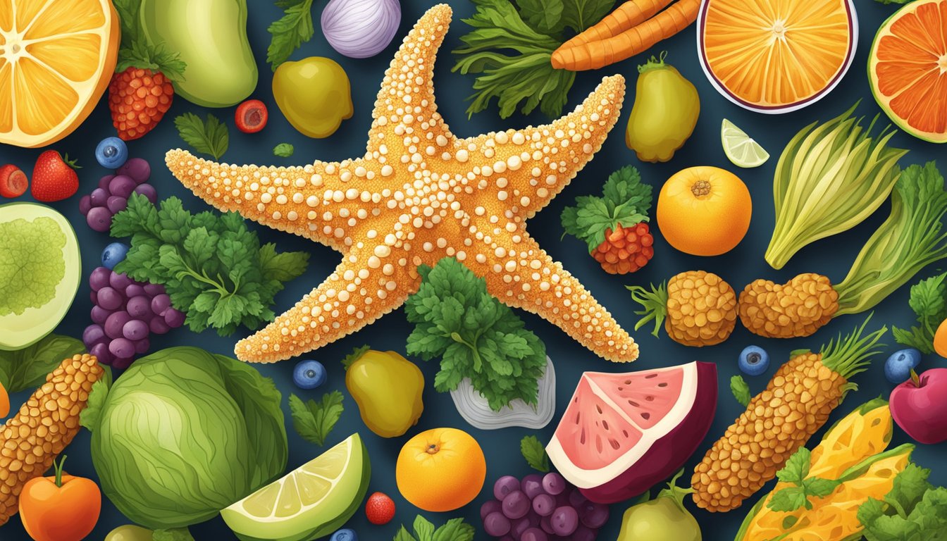 A sea star surrounded by various food items, with a focus on fruits and vegetables