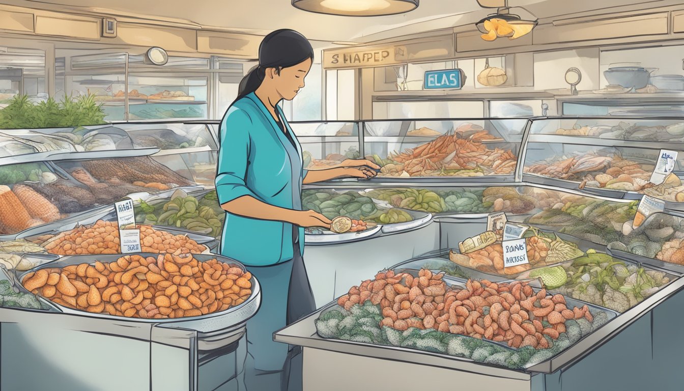 A diabetic person selecting seafood, with sea stars labeled "unsafe" in a crossed-out circle, and healthy seafood options highlighted