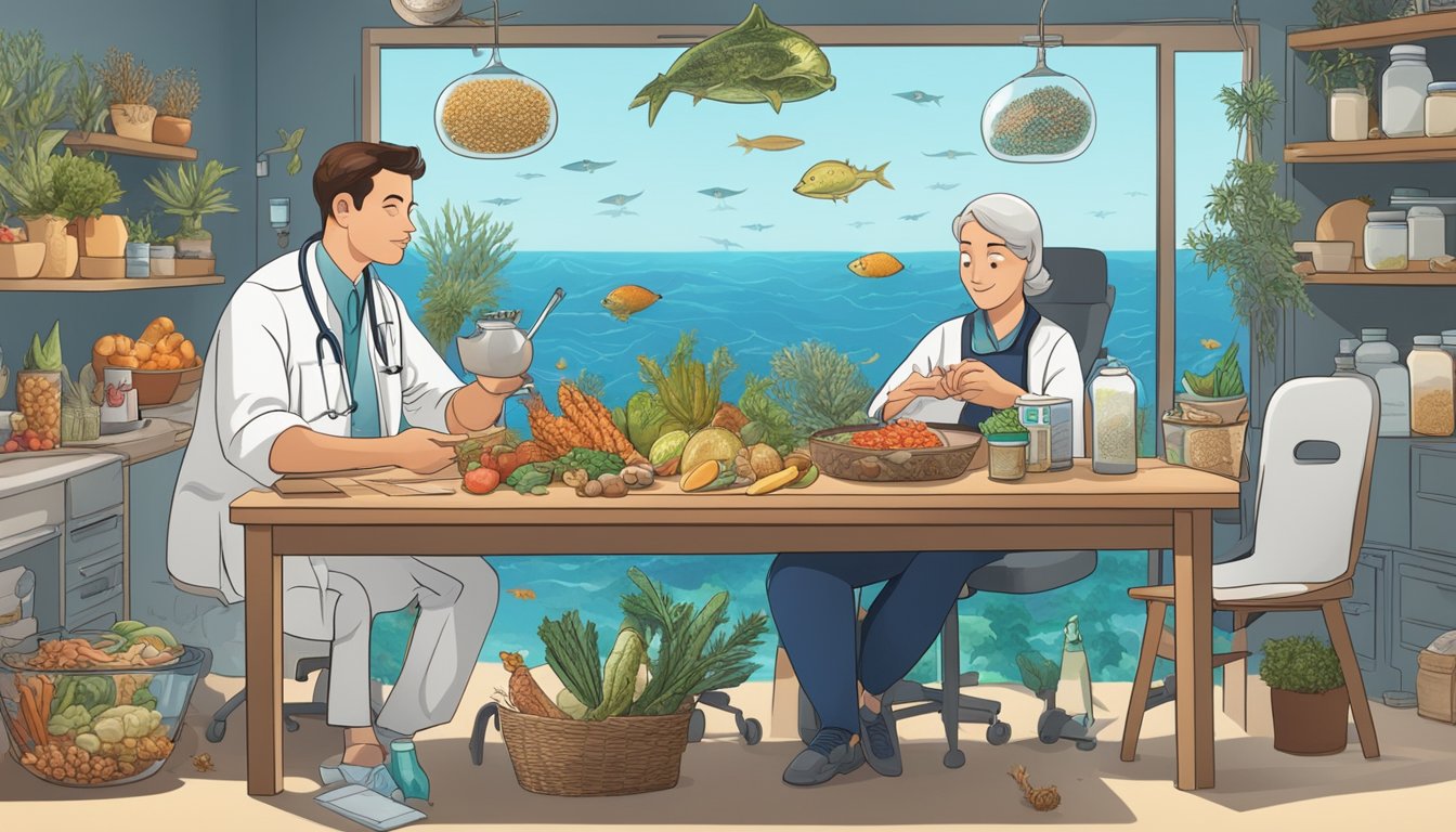 A diabetic sits at a table, surrounded by sea stars and various foods. A doctor and nutritionist stand nearby, discussing potential health benefits and risks