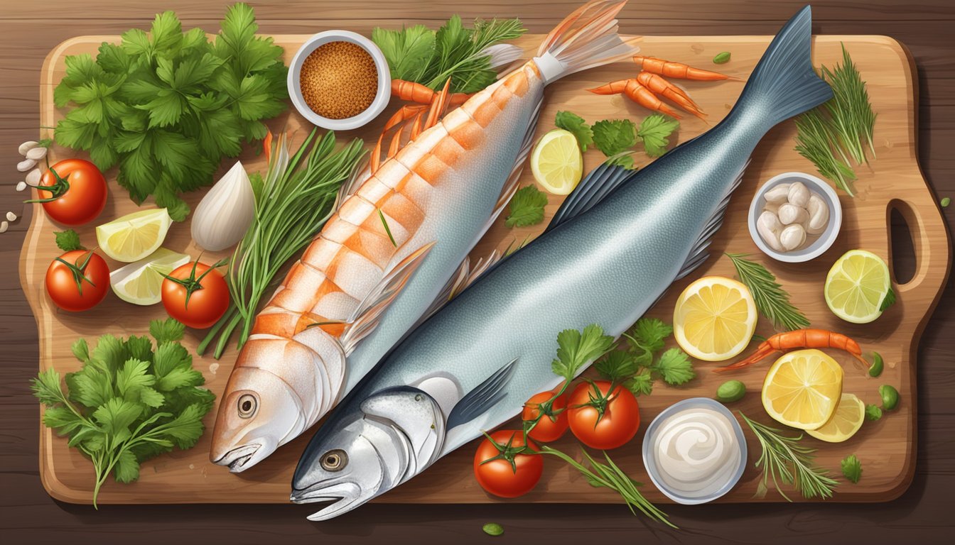 A diabetic-friendly seafood dish with a variety of fish, shrimp, and vegetables being prepared on a cutting board with fresh herbs and spices