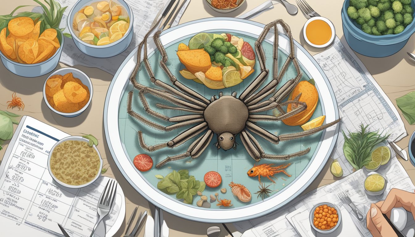 A diabetic person sits at a dining table with a plate of sea spiders, surrounded by various food items and a nutritional chart