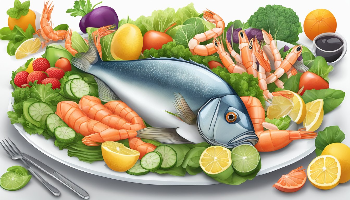 A colorful seafood platter with fish, shrimp, and crab, surrounded by fresh vegetables and fruits, with a diabetes-friendly meal plan chart in the background