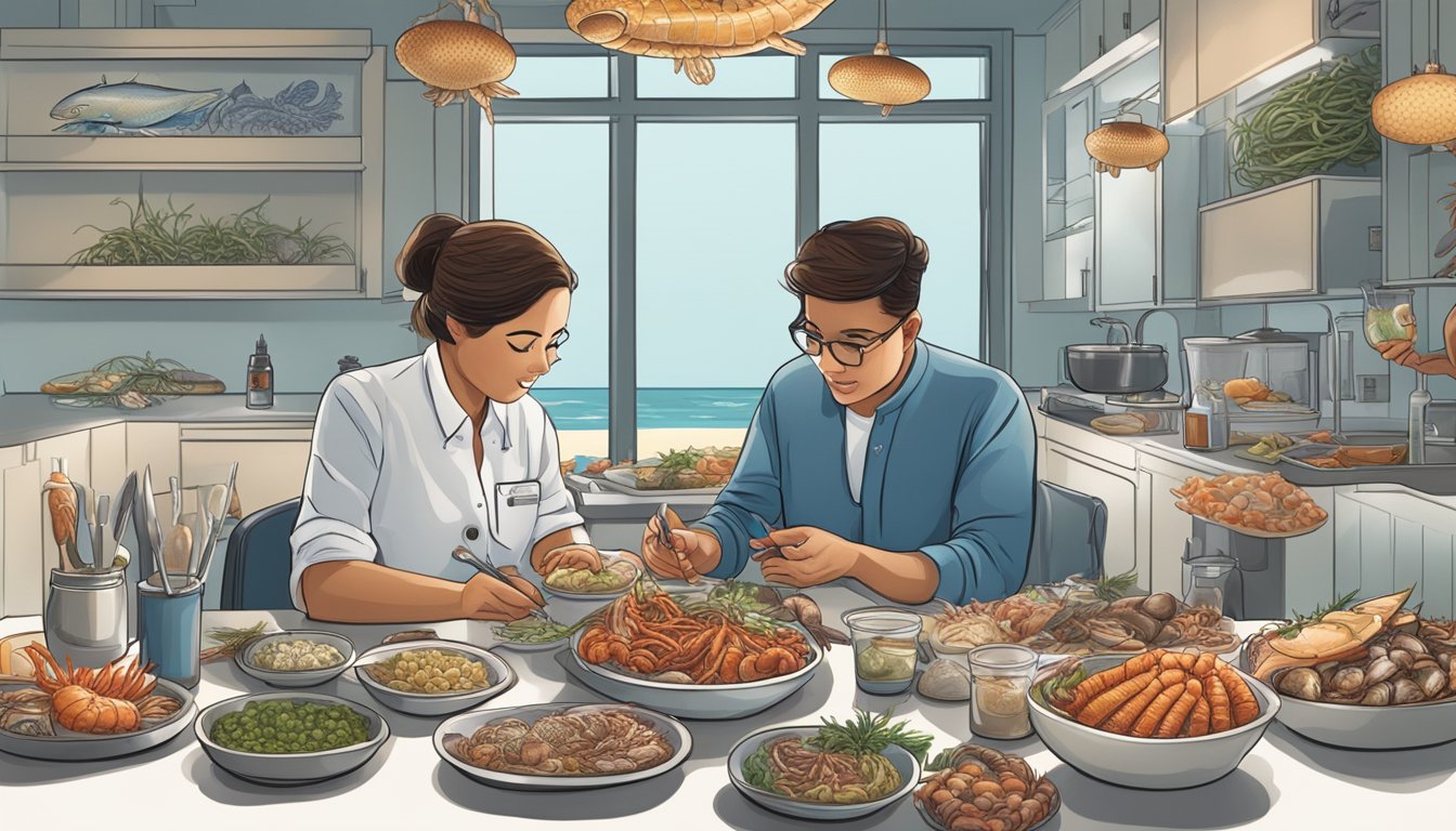 A diabetic person sitting at a table with a variety of seafood, including sea spiders, and a dietitian explaining portion control and carbohydrate counting